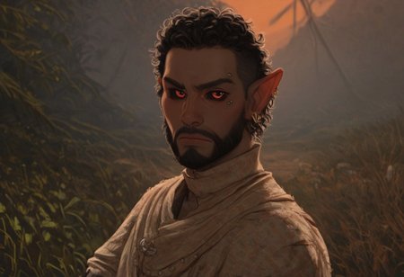 solo, short pointy ears, full body, piercings, random elf face, aquiline features, male dark elf, masculine, facial hair, brow rings, beaded piercings, weathered skin, blue-grey skin, chiseled features, large nose, insect chitin armor, insect chitin helmet, insect chitin ornaments, stylized insect pattern, athletic build,  animated realism, zoomed out, Syrian features, torso, yurts, tents, native camp, elegant berber tapestries, dead desert trees, ash dunes, distant volcano, ashy soil, grey green foliage, distant grey hills, sunrise, gloomy lighting, grey fabric awnings, dark wood posts, light dust clouds, grey-blue skin, grey skin, mahogany and ivory clothes, medium armor, bone plate armor, ivory straps and fittings, alien bone ornaments, grey wood neckguard, dark red sclera, black pupils, blue-green light, neon, highly detailed, defined features, looking at viewer, three quarters view, from side, dynamic lighting, 29 years old, light and shadows, patterned cloth, annoyed expression, expressive eyes, detailed medieval clothes, short hair, wavy hair, thick hair, beaded hair, braided hair, under cut hair, semirealistic, alien elf, spanish features, jewish features, black hair, dark red hair, umber skin, sharp features, pastel green inuit print cloak, nighttime, high detail, absurdres, pretty eyes, detailed eyes, red eyes,