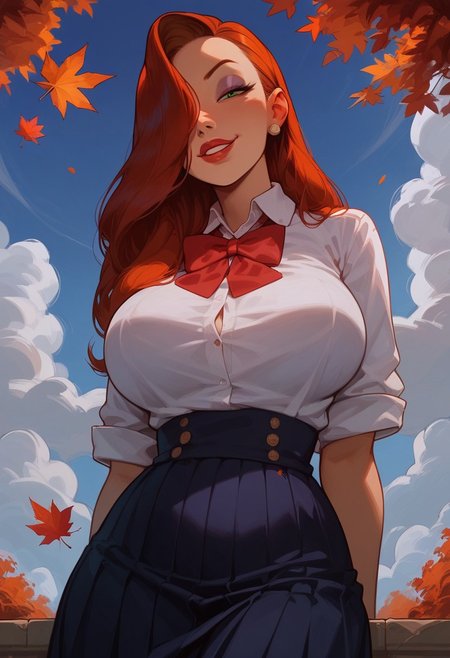 score_9, score_8_up, score_8. score_9, score_8_up, score_7_up, score_6_up, masterpiece, 4k, high quality, (best quality:1.1), ExpressiveH, close up, dutch angle
1girl, solo, jessica rabbit, red hair, hair over right eye, green eyes, large breasts, school uniform, shirt, skirt, standing, smiling, looking at viewer, mischievous smile
BREAK
school, outdoors, blue sky, white clouds, autumn leaves