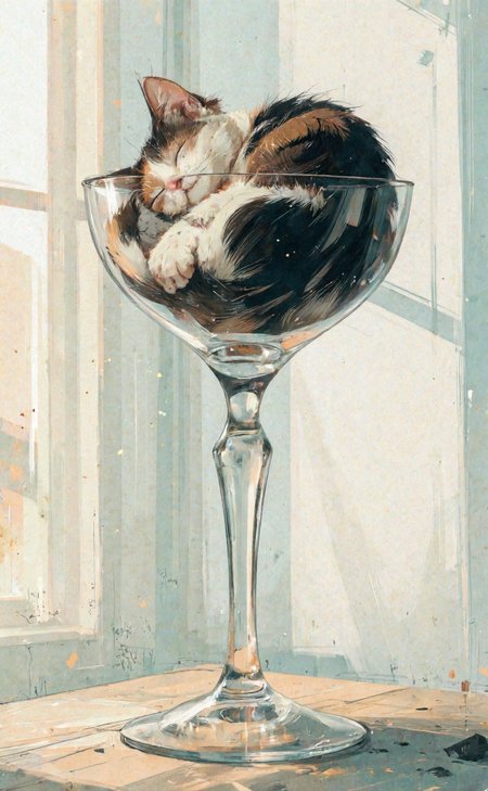 High-resolution cute anime-style illustration, a tiny sleeping cat curled up in an empty long-stemmed glass. The cat is tiny and adorable, with soft, fluffy fur and tiny whiskers, gently rising and falling with each peaceful breath. Its small paws are tucked in, and its eyes are closed, conveying a sense of serenity and contentment. The glass is elegant and polished, reflecting the soft, warm light. The background is minimalistic, with subtle pastel colors that enhance the focus on the adorable scene. Painterly soft pastels and warm tones, evoking a sense of calm and cuteness.