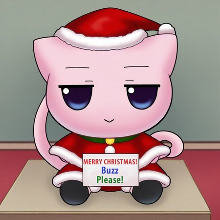 fumo \(doll\), chibi, sitting, christmas outfit. mew (pokemon), holding blank white sign