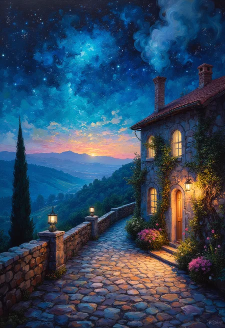 Impasto, Painterly, A quaint starry night in a little village in a country side of Italy, smoke coming from the chimney, warm lights illuminated the insides, vibrant glow