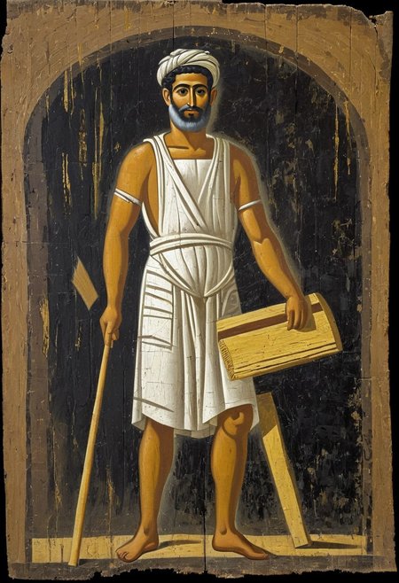 Full body masterpiece fayoum paint portrait of an wood carpenter man 45 years old wear short tunic, no hairs, working  figure abstract, dark mooted background colors, fayoum paint fresco