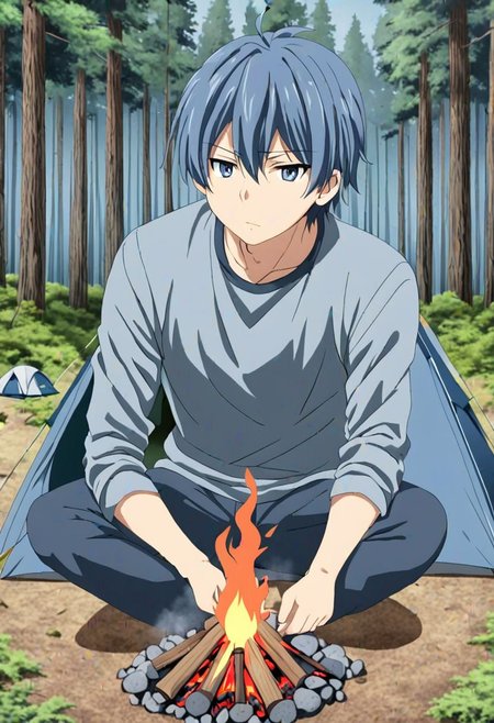 high resolution, solo, best quality, 1Boy, Tomoya Okazaki, Grey Blue Hair, forest, camping, OverallDetail