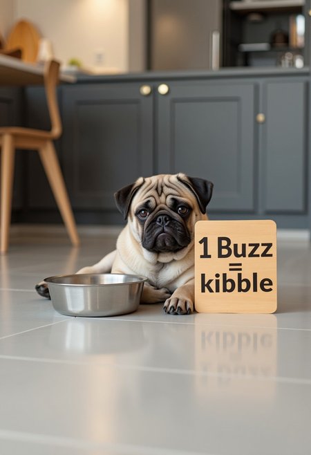 Amateur photography of big fawn pibull puppy laying down in a modern-style kitchen. The pug is next to an empty food bowl and there's a legible sign to the other side of him that reads, "1 Buzz = 1 kibble". The pibull is looking at the viewer and looks very sad.