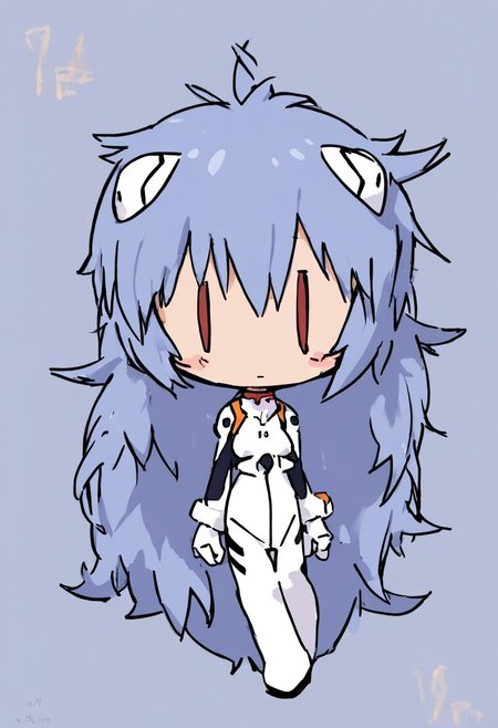 score_4,score_5,score_6,score_7_up,score_8_up,score_9 ((masterpiece,best quality,ultra detailed,highres,HD,4k:1.2)), 
1 girl,solo,face focus,
chibi,full body,deformed,| |,
ayanami_rei,rei ayanami, blue hair, ((long hair, Messy Hair:1.2)),red eyes, head gear, 
bodysuit, headgear, plugsuit, neon_genesis_evangelion, white bodysuit, 
closed mouth,blush,Expressionless,