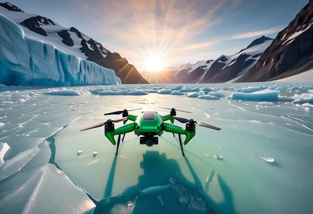 award winning, (professional photo) of (lightweight nano green drone) with lightweight-plastic body, solar-powered rotors,   the drone is flying over  a treacherous glacier, with hidden crevasses, slippery surfaces, and the constant danger of avalanches - a sunlit glacier, with the ice sparkling under the bright sun, reflecting a dazzling array of colors , at sunset, , creative, beautiful, vibrant, masterpiece, 64k, UHD, HDR, full view, atmospheric lighting, extremely detailed