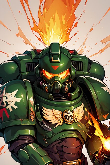 score_9, score_8_up, score_8,   BREAK, , zzDarkAngel, visor, 1boy, weapon, male focus, gun, mask, helmet, robot, explosive, firing, power armor, gas mask, shell casing, upper body, portrait, <lora:Dark_Angels_Warhammer_40K_PDXL_v2:0.8>,  , BREAK, smile, looking at viewer,  abstract background, white outline, cowboy shot, embedding:zPDXL, Expressiveh, <lora:CatalystStylePDXL:0.6>,  <lora:SDXLFaeTastic2400:0.5>,  <lora:Expressive_H-000001:0.4>,