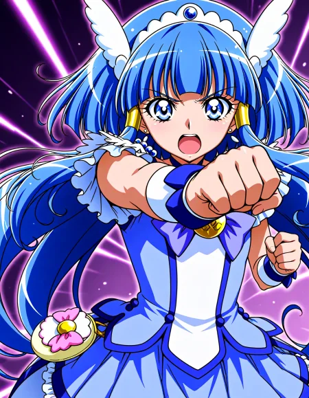 <lora:dmd2_sdxl_4step:1>,official style,masterpiece,best quality,newest,very aesthetic,highly detailed,high resolution,absurdres,highres,depth of field,super detailed skin,very awa,Anime,anime coloring,anime screencap,<lora:cure_beauty_V2:1>,cure beauty,abstract_background,open mouth,punching,