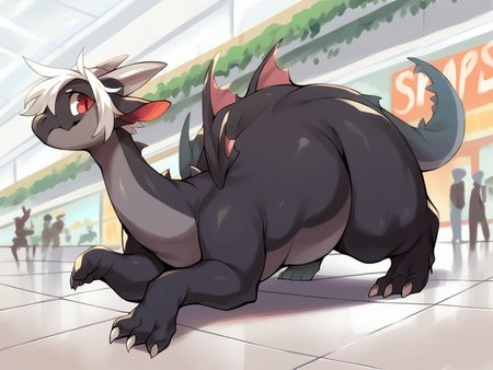 <lora:Pear-shaped_Dragons_Concept_PonyXL:0.8> wide hips, pear-shaped figure, slightly chubby,  score_9, score_8_up, score_7_up, score_6_up, score_5_up, score_4_up, source_furry, rating_safe, western dragon, white hair, red eyes, black body, clothed, clothing, at a strip mall, on front, male, rating_safe, feral