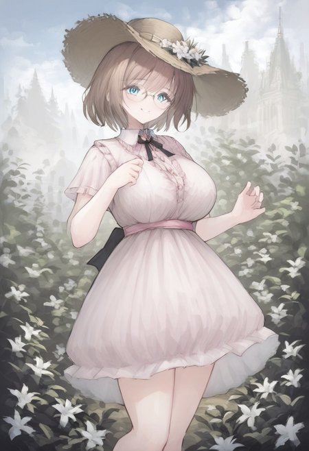 safe_pos, score_9, score_8_up, score_7_up,
masterpiece, best quality, detailed, amazing quality,
detailed background, garden, flowers,
dynamic pose,
detailed face, detailed eyes, clean eyes,
solo, 1girl, woman, short hair, brown hair, messy hair, blue eyes, curvy, wide hips, big breasts, cute,
dress, frilly, pink dress, bow, smile, round glasses, sunhat, frilly dress,