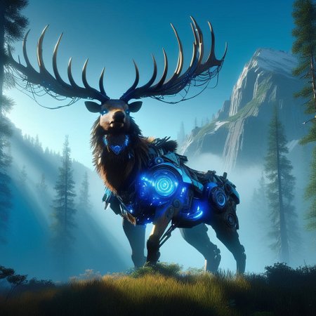 (Ultra Realistic:1.0),32k,(Masterpiece:1.0),(High Detailed Skin:1.0),( High Quality:1.0), (Detailed Realistic Background:1.3), (Official Art, Beautiful and Aesthetic:1.2), (Realistic Lighting:1.0), glowing, day, science fiction, nature, grass, deer, scenery, mountain, non-humanoid robot, forest, "An imposing, machine-like elk standing majestically on mountain edge looking at sky, its intricate mechanical parts inspired by the Horizon Zero Dawn style. The elk’s body is a blend of organic and metallic elements, with glowing blue lights coursing through its frame, reflecting the technological sophistication of a bygone era. Its angle are vast and sharp, made of gleaming steel, resembling a regal crown.
The scene is set in a deep of field, epic cinematic lighting, view from below dramatic sky with beams of cinematic light piercing through the canopy, casting dramatic shadows across the elk’s form. The atmosphere is epic and tense, as the elk stands still, as if inspecting its surroundings with quiet intelligence. The mood is both mysterious and foreboding, emphasizing the contrast between nature and technology, framed in high resolution and intense detail, evoking the visual grandeur and storytelling depth of Horizon Zero Dawn."