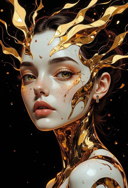 CynthiaPortrait, BNR, BNR style, Style of BNR red highlights and outlines art from the 'art of control' collection by jasper harvey, in the style of futuristic optics, silver and gold, detailed facial features, swirling vortexes, 8k 3d, whimsical cyborgs, made of crystals