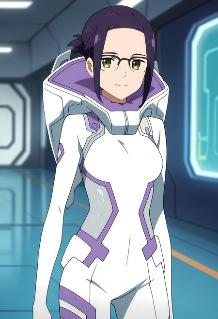 anime screencap, masterpiece, best quality,
<lora:DarlingInTheFranxx_Ikuno_IlluXL:0.9>,
1girl, solo, closed mouth, light smile,
folded ponytail, parted bangs, forehead, short hair, purple hair, green eyes, over-rim eyewear,
white bodysuit, hood, purple trim, skin tight,
standing, looking at viewer, cowboy shot,
indoors, science fiction, blurry background