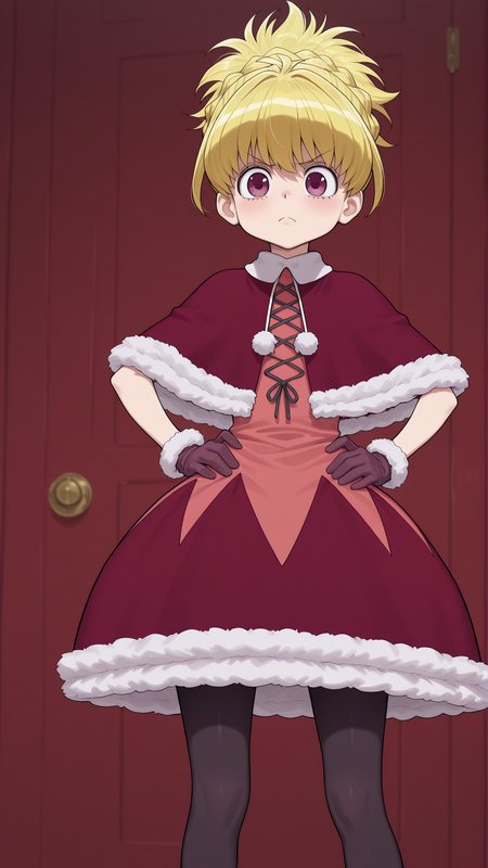 masterpiece, best quality, amazing quality, 1girl, solo,  <lora:IlluBiscuit:1> illubiscuit, purple eyes, blonde hair, braid, gloves, dress, black pantyhose, fur trim, capelet, red dress, drawstring, hands on own hips, frown,