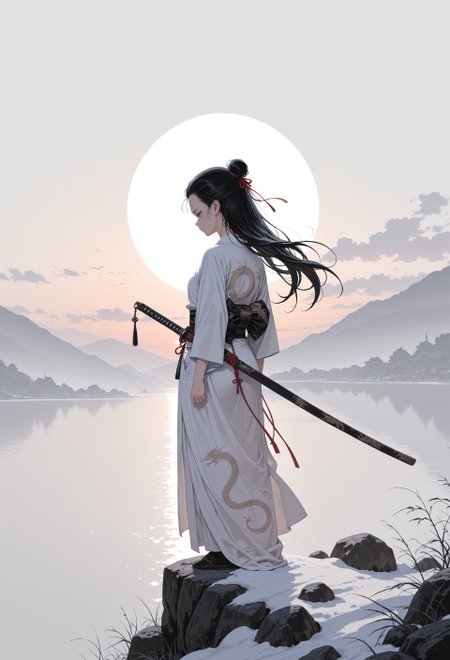 masterpiece, best quality, amazing quality, very aesthetic, incredibly absurdres, newest, highres, absurdres,focused subject,no lineart, no outlines, volumetric lighting, scenery, 1girl, solo, long hair, black hair, single bun, red ribbon, japanese clothes, dragon print, sword, katana, hair pulled back,  sunset, white theme,fine art,back view