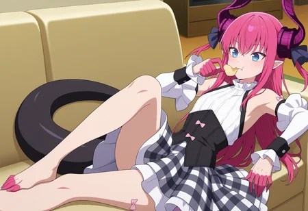 anime screencap, anime coloring, 1girl, asymmetrical horns, blue eyes, long hair, pink hair, pointy ears, pink claws, dragon tail, corset, white blouse, sleeveless, checkered skirt, frills, detached sleeves, thigh bow, lying, on couch, lazy, eating potato chips, bare foot, sharp toenails, living room, watching tv, scratching leg <lora:Liz_illus:1>, masterpiece, best quality, amazing quality, very aesthetic, absurdres, highres, newest