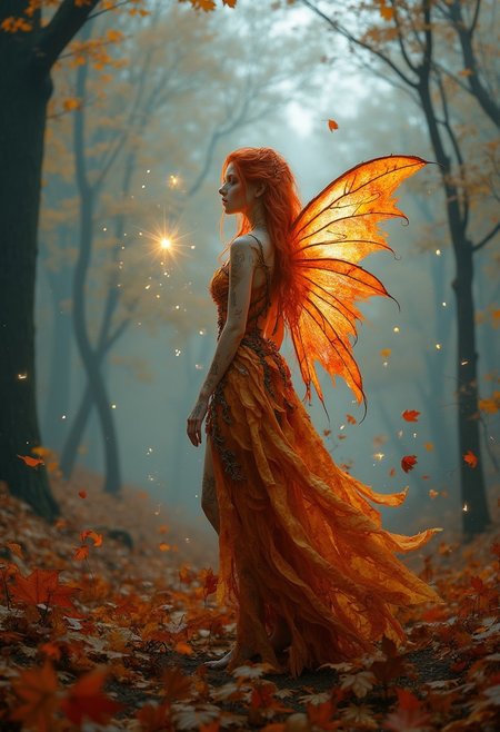 A professional photo of  autumn fairy in a fog-covered forest. The fairy’s skin resembles the rich, warm hues of golden oak, with intricate, leaf-like patterns subtly glowing across her body. Her hair is made of fiery red and orange leaves, flowing as if caught in an unseen breeze, blending seamlessly with the vibrant autumn landscape. She has translucent wings, veined like autumn leaves, glowing softly in shades of amber and crimson, fluttering gently as she hovers slightly above the forest floor.
Her dress, crafted from woven vines, bark, and leaves, drapes elegantly around her, perfectly blending with her natural surroundings. The forest around her is dense, with tall trees towering above, their branches adorned with vibrant autumn leaves. The ground is covered in a thick carpet of fallen leaves in shades of red, yellow, and orange, while a soft mist rises from the earth, giving the scene an ethereal, dreamlike quality.
Small, glowing orbs of light float around the fairy, adding a mystical touch as they hover gently in the fog. The overall atmosphere captures the magic of autumn and the delicate balance between nature and enchantment,4k,uhd,RPG Style