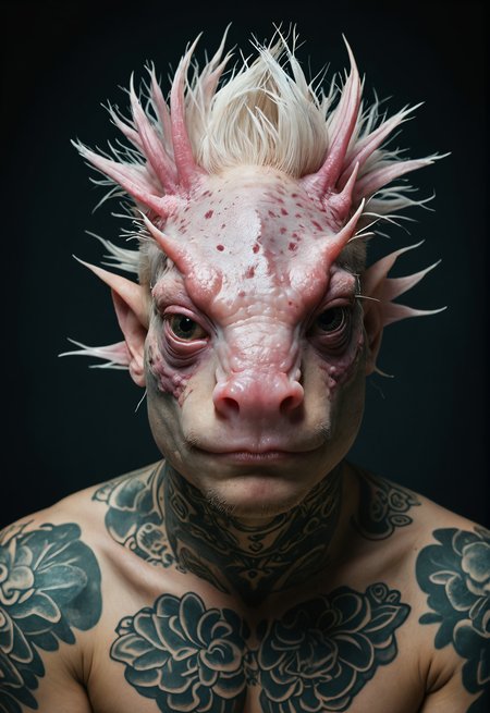 photo,mutation,human with Axolotl head face,studio lighting,tattoos  <lora:Photoreal:1.1>