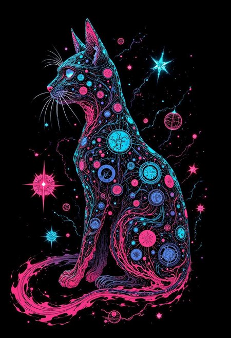 (in Otomo Katsuhiro style:1.2), masterpiece, high-quality, An electric ((cat)), her form an outline of neon wires against a dark backdrop, each line flowing in calligraphic strokes as if shes made of flowing ink, Shes surrounded by floating glowing symbols that shift with her movements like characters in an illuminated manuscript forming abstract poetry in the air, neon calligraphy, electric verse, illuminated symbols, (Stylized neon minimalism with flowing linework and a dark, high-contrast palette:1.1), (elaborate fine details:1.1), (hyperdetailed:1.1), (intricate details:1.0), (Refined details:1.1), (best quality:1.1), (high resolution:1.2),