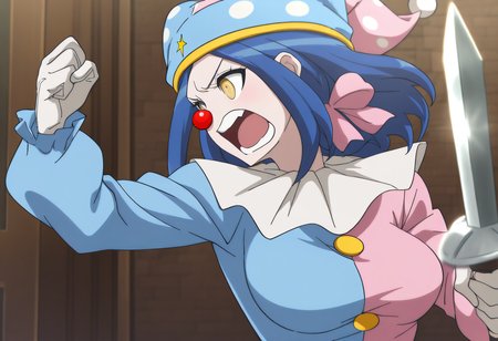 (((solo))),masterpiece, best quality, very aesthetic,  modern, modern anime,  low angle , expression conveying suden realization , (((solo))),danganronpa_(series),<lora:Satsuki_Iranami_Illustrious:1>, This anime screencap is from Danganronpa the Animation. . Satsuki Iranami is wearing a two-toned jester-like outfit split vertically down the middle with blue on the left side and pink on the right, and a matching jester's cap with white polka dots and a yellow band. Her costume features a white ruffled collar, yellow buttons down the front and curled shoes. Satsuki has short blue hair and striking yellow eyes. She wears a red clown nose.  Satsuki Iranami bringing joy to the armory inspection. She's balancing practice swords like spinning plates, each one rotating perfectly on its hilt while she dances between them. Her golden yellow eyes sparkle with concentration as she keeps each sword spinning at precisely the right speed.