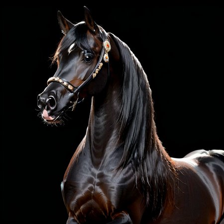 arabian horse, black, black mane and tail, standing, posing, portrait, halter, black background <lora:Horse_Breeds-000012:1>