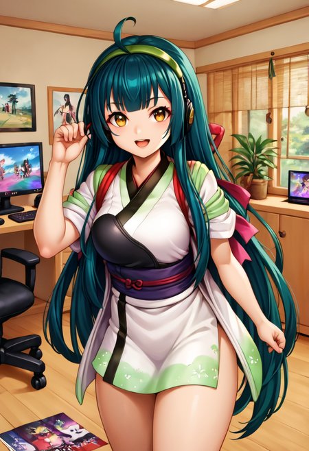 score_9, score_8_up, score_7_up, source_anime, BREAK
1girl,  solo,
 <lora:TohokuZunko_MMD_V1:1>Tohoku_Zunko, yellow eyes, brown eyes, large brests, Thick thighs,
blunt bangs,  green hair, very long ahoge ,  very long hair,   low-tied long hair, green hairband, 
muneate ,armor, white kimono, short kimono, short sleeves, bow, red tasuki,  red ribbon, purple obi, 
sandals,  geta,zouri, tabi, socks,white socks,
(cowboy shot:1.3),(sitting on a chair), 
from front, looking up,, Portrait,,
looking at viewer,  light smile,, open mouth,
Streamer room, gaming chair, gaming PC, game equipment, controller, TV monitor, PC monitor, headphones, headset, anime poster, game poster,