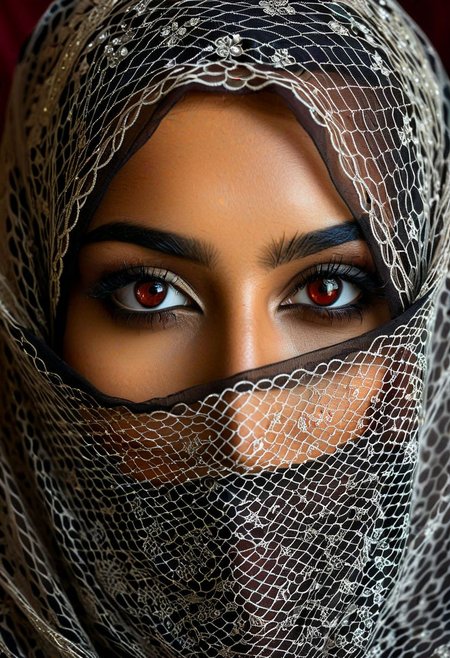 In my photography style, I'd capture the essence of mystique and allure in a close-up portrait of a woman adorned with a veil, her face partially obscured yet her seductive eyes piercing through the fabric. With a gaze that exudes both depth and charm, her eyes reflect the enigmatic beauty of traditional Arabian and Indian aesthetics. Against the backdrop of her brown skin, her deep red eyes stand out, adding to the mystery that surrounds her persona. Each detail of her face, from the intricate patterns on the veil to the alluring features beneath, is captured with precision, preserving the richness of her cultural heritage while evoking a sense of timeless fascination.