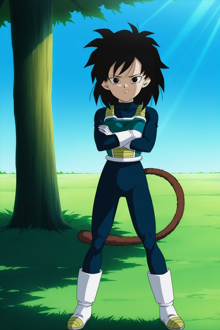anime screencap, absurdres, high quality, official style, 
gine, official style, vegeta outfit, 1girl, solo, looking at viewer, grass, field, closed mouth, standing, long sleeves, full body, black hair, spiked hair, black eyes, monkey tail, blue bodysuit, saiyan armor, white saiyan armor, cowboy shot, dappled sunlight, smirk, legs apart, crossed arms, serious, frown, shadow, eyelashes, white trim, tree, white gloves, light rays, blue sky, 
 <lora:Gine_IL:0.8>