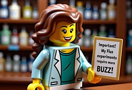 A figurine standing behind a apothecary counter. The figurine is a slightly deranged female scientist holding a poster in the right hand. Text on poster: "Important! My Flux experiments require more BUZZ!."
Background clean and image  crisp and shiny