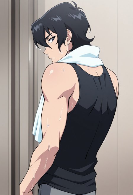 masterpiece,best quality,amazing quality, source_anime, 
keithvld, 1boy, male focus, solo, black eyes, black hair, black tank top, towel around neck, from behind, looking back wet hair,