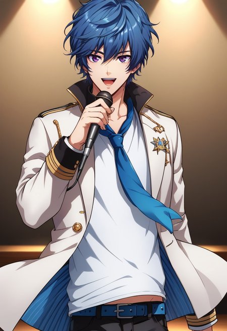 score_9, score_8_up, score_7_up, source_anime, highly detailed, 
nanahoshi, 1boy, male focus, microphone, blue hair, purple eyes, solo, necktie, blue necktie, open mouth, jacket,
white jacket, high collar, smile, belt, looking at viewer, holding microphone, idol, upper body,
indoor, stage,