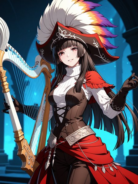 Masterpiece,best quality,vector art,looking at viewer,parted lips,smile,cowboy shot,medium breasts, turtleneck
edgBRD, 1girl, solo,hime cut, gloves, instrument, harp (music),wearing edgBRD,feathered hat,  <lora:edgBRDILS:1>