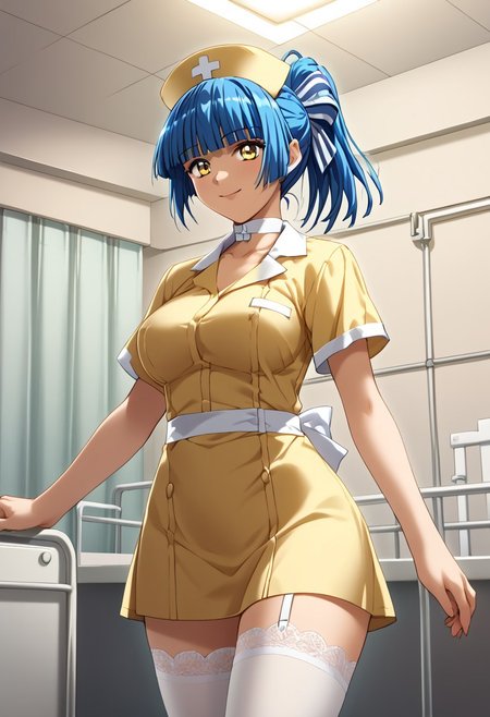 score_9,score_8_up,score_7_up,source_anime,5_figner,2d_animation,game cg,BREKE,1girl,solo,
Yubiki Shitone,yellow nurse,yellow nursecap,blue hair,ponytail,blue hair,white thighhighs,white collar,hair ribbon,
large breasts,front view,upper body,smile,blush,
hospital,standing,
masterpiece,best qualit,ultra-detailed,illustration,an extremely delicate and beautiful,beautiful detailed eyes,unity 8k wallpaper,high resolution,anime CG,official_art,