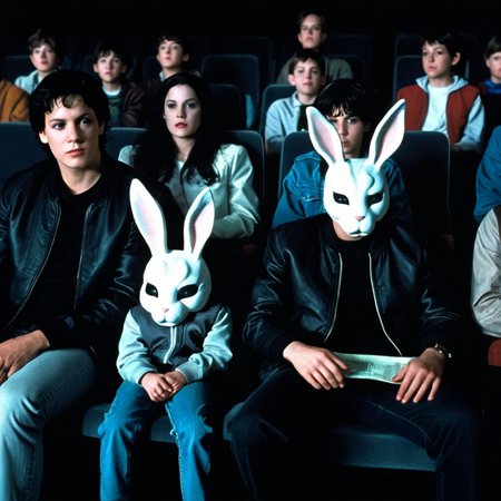 <lora:add-detail-xl:1>
<lora:detailed:0.3>
<lora:perfection style:0.3>
<lora:xl_more_art-full_v1:0.3>
 <lora:Donnie Darko film style:1>
a man and a woman sitting in a theater next to another person with a bunny mask on,black hair,jacket,multiple boys,2boys,parody,science fiction,realistic,retro artstyle,alien,1980s (style) , cinematic, film, Donnie Darko film style