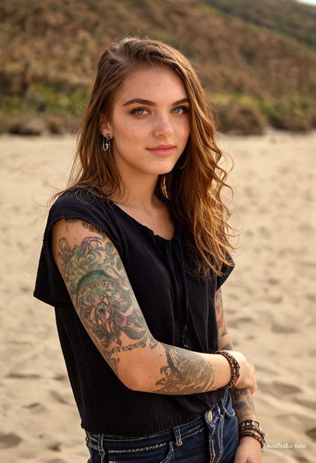 lily, 1girl, solo, rating_safe, beach, upper body, t shirt, jeans, arm tattoo, freckles, bracelet, earring