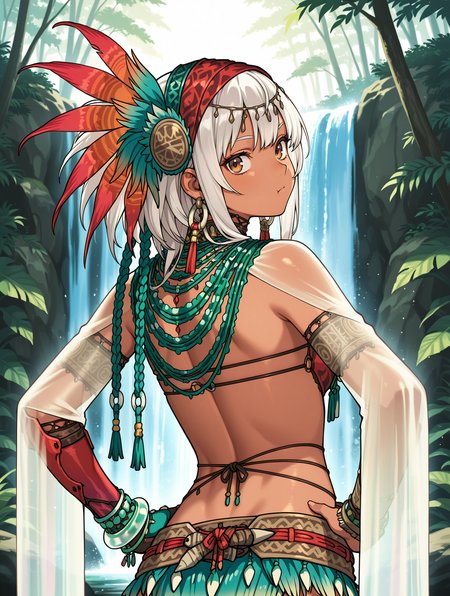 uth duna female armor,1girl,orange feather headdress,green loincloth,orange halterneck,orange asymmetrical gloves,see-through long sleeves,tribal earrings,waterfall,upper body,:t,white hair,brown eyes,solo,nature,looking at viewer,hands on own hips,head tilt,looking back,from behind, 
masterpiece,best quality,amazing quality,very aesthetic,absurdres,newest,<lora:Uth Duna Armor illuXL v1.4:0.77>,<lora:wai-2Rectified-V140:0.7>,