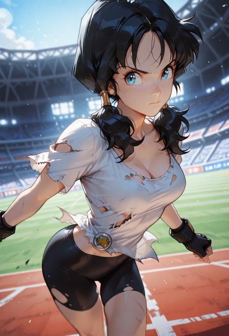 masterpiece, best quality, cinematic lighting, high detail, depth of field, (blurred background), (dramatic lighting), very aesthetic,
videl, 1girl, solo, blue eyes, black hair,
outfit1, twin tails, fingerless gloves, black gloves, white shirt, bike shorts, black shorts, socks,
outdoors, martialrs stadium,  half close-up, sexy pose,
((slim body)), (medium breasts), Dynamic angle, Dynamic pose, portrait, torn clothes, cleavage