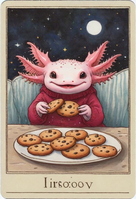 Tarot Card Style, axolotl eating a large amount of cookies,  axomodel2,  tarot card border,  <lora:Axomodelv2.1:0.8> <lora:DUSK_XL_TAROTCARD_dadapt_cos_5e4:1>   EyeDetail-SDXL