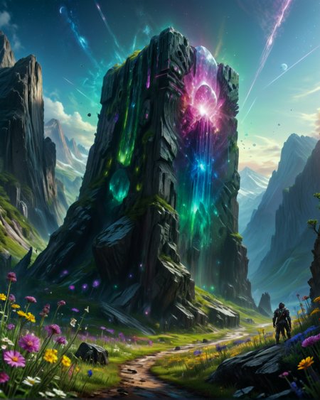 dark fantasy Alpine meadows strewn with wildflowers giant crystal monolith,Space sunrise: Orbital terminator revealing Earth's curvature in neon bands,
random army  in landcscape,
<lora:ral-dark-fantasy-il:0.8>,eldritch horror,
<lora:extremely_detailed:4> extremely detailed,
<lora:add-detail-xl:1.1>,
detailxl