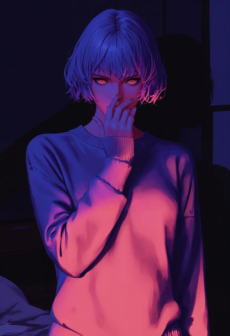 guweiz, 1girl, imposing mature slender female, solo, perfect anatomy, (perfect skin:1.1), (soft sunlight:1.1), soft shadows, slightly purple glow, dark warm blue and magenta color scheme, (vibrant colors:1.3), slightly glowing colors, vibrant neon highlights, radiant aura, dark, full body view, short wavy lavender hair, eyes wide, surprised expression, lips slightly parted, head turned to the side, hand raised to her mouth, (showing boob curves:1.2), wearing a casual outfit, (oversized sweater:1.1), one shoulder exposed, surprised look, intimate, standing indoors, dimly lit room, (a shaft of light:1.1) illuminating her face, dark background, (messy room:1.1), unexpected moment, reacting to something unseen, natural pose, (bed in the background:1.1), rumpled sheets, relaxed pose, casual pose, casual outfit, (detailed red eyes:1.3), thick edge, (anime colors:1.3), (anime screencap:1.1), (soft neon light glow:1.1), (bokeh effect:1.1), (film grain:1.1), highly detailed, high definition, 8k <lora:Hand v2:0.99> <lora:Guweiz_style:0.90> <lora:Dynamic_pose_fashion_ma4:0.66> <lora:xjie-retro-high-saturation-anime:0.40>
