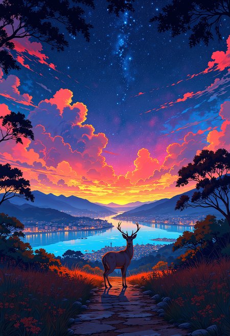 Side view, A deer standing on a country road, backlighting, looking at the city,, on the other side of the river is a large city in the background, starry night sky, colorful, vibrant glow
