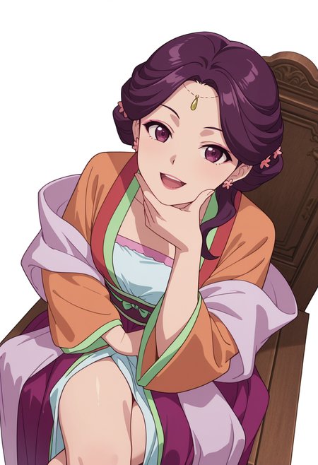 Smooth Quality,masterpiece,very intricate, high quality details, ultra realistic, high detailed skin,detailed enviorement,absurdres,
partially undressed, 
 <lora:Yinghua_CNR:0.8> yinghuacnr, purple hair,  purple eyes, yinghua_orange_cnr, hanfu, japanese clothes,long sleeves, sash, shawl,earrings,hair ornament, makeup, lipstick,, simple background, white background, from above,
sitting pose, legs crossed, one hand resting on chin, playful smile, relaxed shoulders,  ,open mouth,