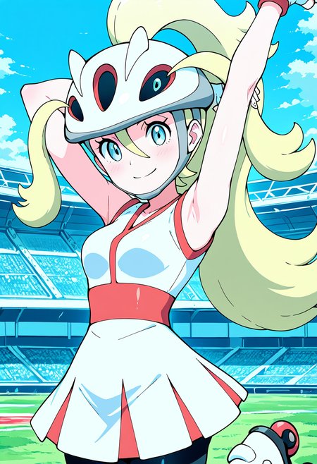masterpiece, best quality, 1girl, solo, eyelashes, (beautiful eyes), shiny skin, looking at viewer, smile, zzKorrina, blue eyes, hair between eyes, blonde hair, long hair, ponytail, hair between eyes, two side up, white gloves, fingerless gloves, white dress, bare arms, sleeveless dress, black shorts, short dress, helmet, grass, high ponytail, bike shorts, roller skates, shorts under dress,   <lora:KorrinaPokemon_IXL_v1:1.0>, arms up, stretching, upper body, smile, looking at viewer,
