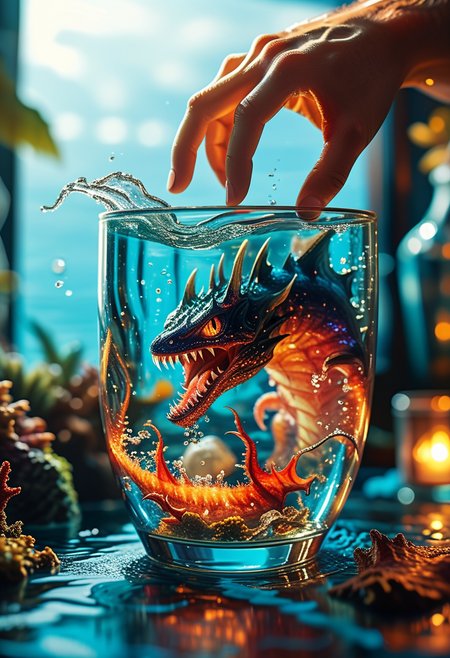 hand holding glass cup, sea monster inside a glass of water, trying to bite hand, warm glow, vibrant colours, bar, indoors,
 <lora:glowneon_xl_v1:0.7> <lora:MJ52:0.7> <lora:add-detail-xl:2>  BREAK
giant human hand, grabbing motion, BREAK
sea monster trying to escape, dark waters, coral reef, deep sea, fishes, enraged, biting, mythical creature (inside glass cup:1.1),