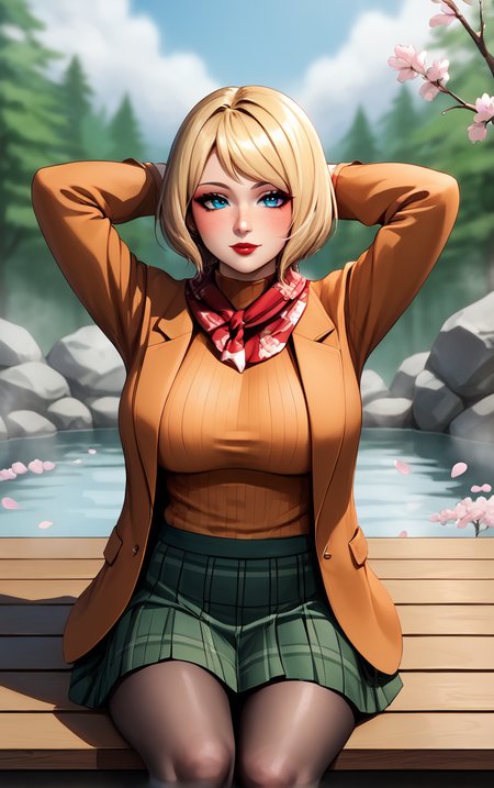 score_9, score_8_up, score_7_up, masterpiece, best quality, absurdres,  solo, BREAK
MainOutfit_Ashley_ownwaifu, 
1girl, blue eyes, short hair, blonde hair, lips, freckles, jewelry, bob cut, necklace, nose, bangs, large breasts, red lips, eyelashes, lipstick, makeup, 
red scarf, brown coat, orange sweater, ribbed sweater, black pantyhose, plaid skirt, green skirt, miniskirt, pleated skirt, turtleneck, blazer, long sleeves, orange jacket, open coat,
(sitting, soaking feet, arms behind head), onsen, mount fuji, cherry blossoms, outdoors,<lora:PONYXL_ResidentEvil4Remake_Ashley_ownwaifu:0.65>, depth of field