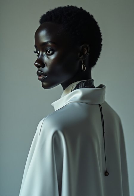 a young woman ,  black shiny glass skin,  a white cape only on the back