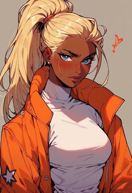 score_9, score_8_up, score_7_up, score_6_up, jdc_style, 1girl,shinny skin, egirlpfp,lineart,looking at viewer, proud,orange jacket, white shirt, blush, dark skin,blonde, long hair, high ponytail,