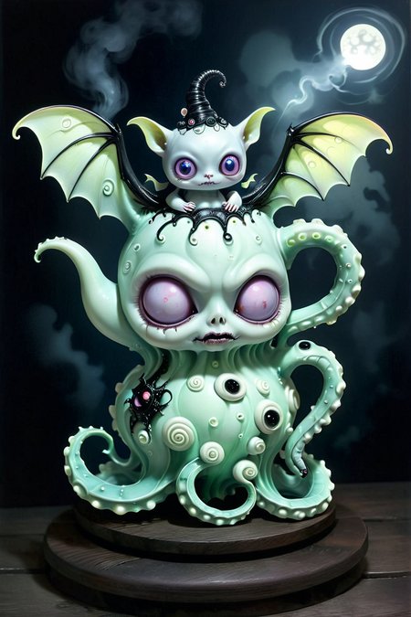 Whimsical Gothic Teapot - A large, ornate teapot with a cracked, gothic porcelain surface, resting on a dark wooden table. Its spout twists and curls like a serpent, and steam billows out in the shapes of small, surreal fae creatures with exaggerated features. The handle is adorned with tiny bat wings, and the surface of the teapot is covered in glowing, mystical symbols. <lora:EnvyPastelGoth02-prodigy-batch6:1> <lora:SDXLFaeTastic2400:1> <lora:Goth_SDXL_V1:1> <lora:LowBrowXL:1> <lora:GothGirlLorav0.1:1>
