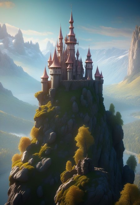 8K,  fairy tale castle on a (rock spire), mountain on background