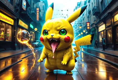 psychedelic surrealisms, long exposure, 3D full body Pikachu who sticks out his long tongue, LED-green eyes, with huguemonic angry smile and sharp teeth, fingers and claws, <lora:helios:0.7> golden ratio <lora:middle_finger:1>. perfect design, sharp foreground, rich colors . amazing depth, double exposure, perfect balanced, deep fine borders, smooth, educed details, extra digits, strong geometric shapes, masterpiece, (wide angle view, ultra-wide angle perspective), contrast shadows, (center composition, symmetry balance), (high detail face, high detail skin), dynamic pose, sharp focus, reduced details; old wax brush/eraser pen